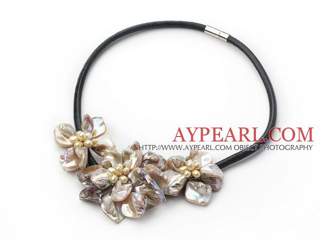 pearl and dyed gray shell flower necklace with magnetic clasp