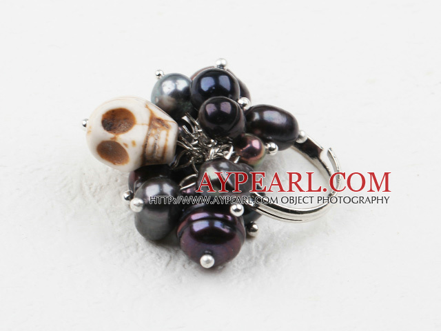 Classic Design Assorted Black Pearl and Turquoise Skull Adjustable Ring