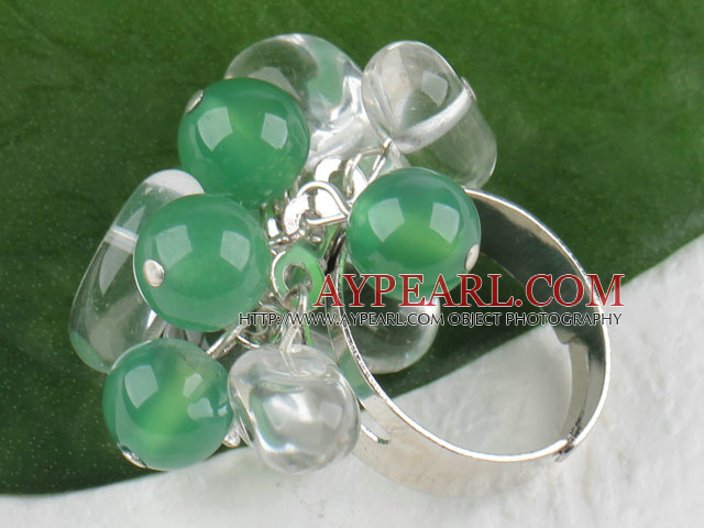 Fashion Cluster Style White Clear Crystal And Green Aventurine Adjustable Ring