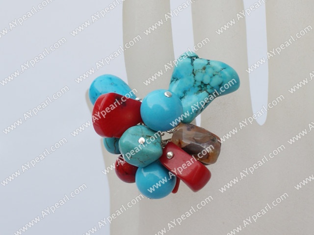 Lovely Customer Style Mixed Shape Red Coral And Blue Turquoise Adjustable Ring