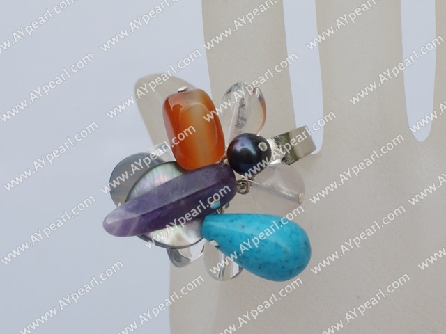 Multi Turquoise Amethyst Agate Shell And Clear Crystal Adjustable Loop Ring