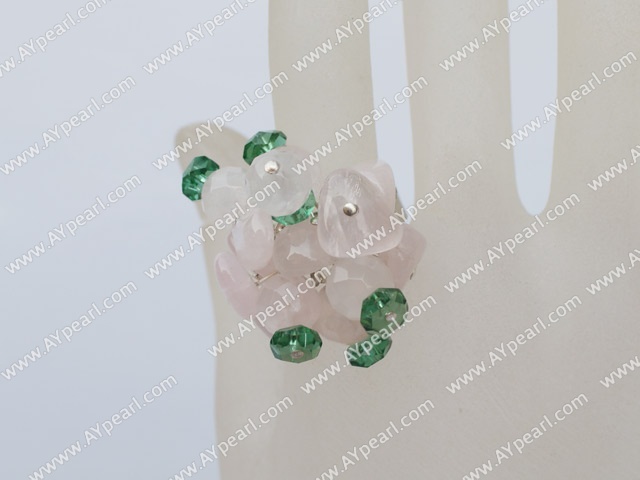 Elegant Cluster Style Green Crystal And Rose Quartz Metal Ring Adjustable