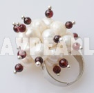 Lovely Cluster Style White Freshwater Pearl And Round Garnet Adjustable Ring