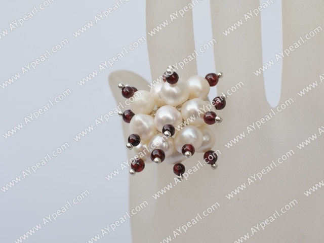 Lovely Cluster Style White Freshwater Pearl And Round Garnet Adjustable Ring