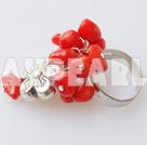 Lovely Cluster Red Coral With Flower Charm Adjustable Ring