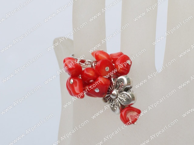 Lovely Cluster Red Coral With Flower Charm Adjustable Ring