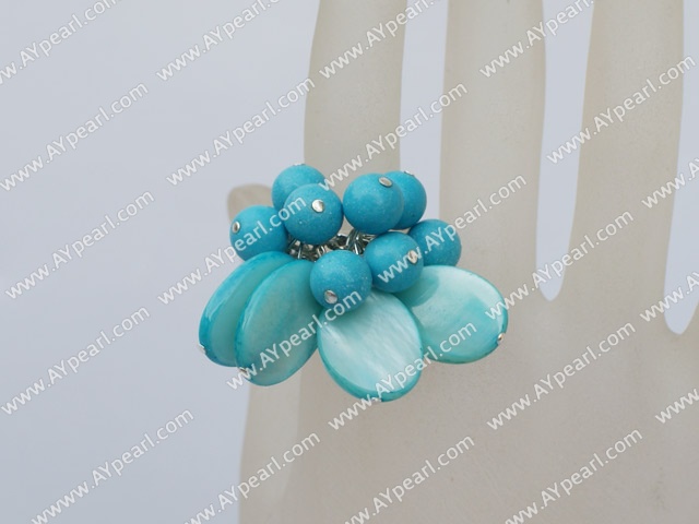 Fashion Round Blue Turquoise And Oval Shell Cluster Adjustable Ring