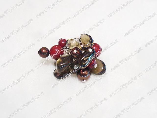 Lovely Freshwater Pearl Smoky Quartz And Red Stone Cluster Adjustable Ring