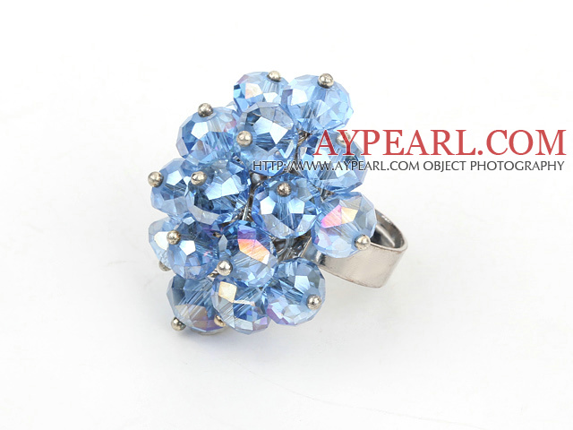 Fashion Faceted Loop Cluster Style Blue Crystal Flower Adjustable Ring