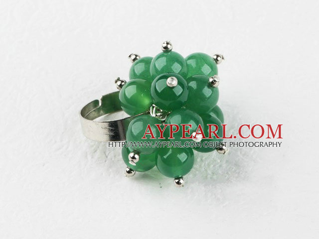 Fashion Cluster Style 8Mm Round Aventurine Jade And Silver Beads Flower Adjustable Ring