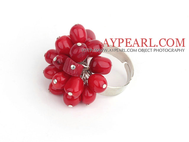 Fashion 7-8Mm Cluster Style Red Coral Loop Charm Flower Ring (Adjustable)