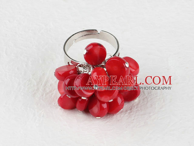 Lovely Falt Round Cluster Red Coral Loop Chain Flower Ring( Adjustable )