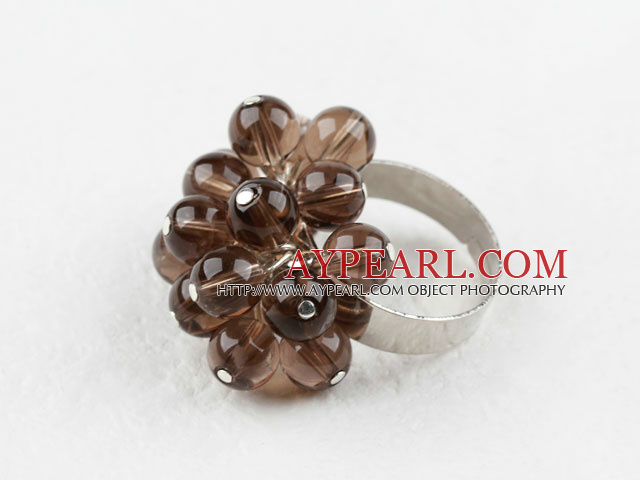 Beautiful Cluster Style Round Smoky Quartz Ball Adjustable Flower Ring