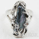 Wholesale Classic Design Big Black Biwa Pearl Freesize Ring