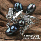 Classic Design Black Freshwater Pearl Ring with Rhinestone (Free Size)