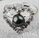 Classic Design Black Freshwater Pearl with Rhinestone Heart Shape Adjustable Bridal Ring