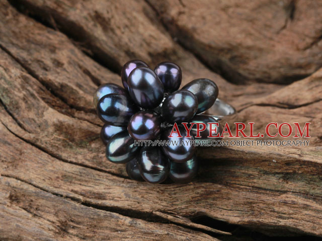 Noire perle Anneau Lotus forme réglable