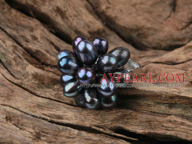 Black Freshwater Pearl Lotus Shape Adjustable Ring