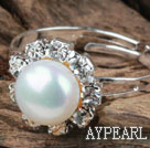 Klassisk design Natural White Freshwater Pearl justerbar ring med Rhinestone