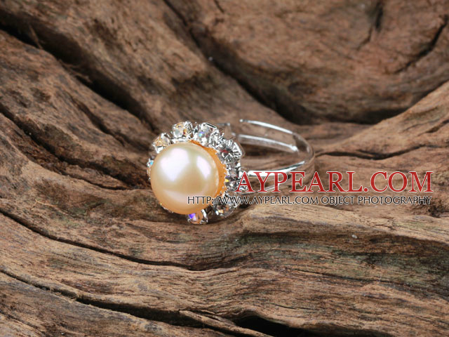 Classic Design Natural Pink Freshwater Pearl Adjustable Ring with Rhinestone