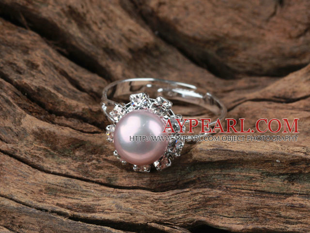 Classic Design Natural Purple Freshwater Pearl Justerbar Ring med Rhinestone