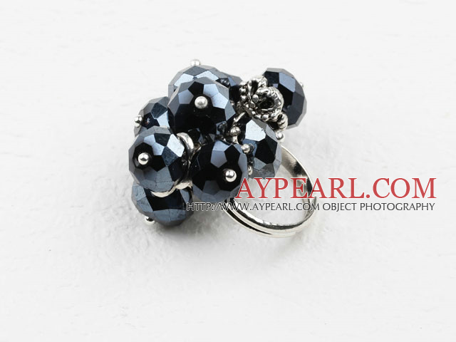 Fashion Cluster Style 8*10Mm Faceted Black Crystal Adjustable Ring