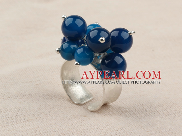 Classic Design Bleu Agate Bague en argent Thai réglable