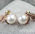 Fashion Style Immitation Pearl with Bee Rhinestone Gold Plated Hypoallergenic Studs Earrings