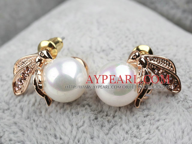 Fashion Style Immitation Pearl with Bee Rhinestone Gold Plated Hypoallergenic Studs Earrings