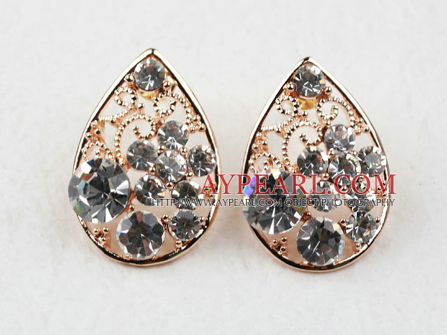 Fashion Style Hollow Drop Shape Rhinestone Gold Plated Hypoallergenic Studs Earrings