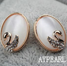 Oval Shape Immitation Cat's Eye with Swan Rhinestone Gold Plated Hypoallergenic Studs Earrings