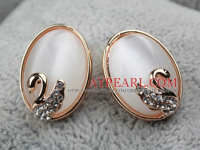 Oval Shape Immitation Cat's Eye with Swan Rhinestone Gold Plated Hypoallergenic Studs Earrings