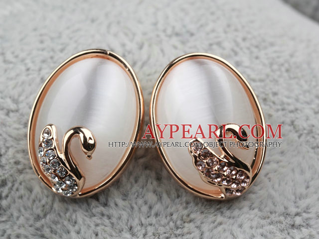 Oval Shape Immitation White Cat's Eye Gold Plated Hypoallergenic Studs Earrings