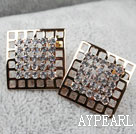 Fashion Style Hollow Square Shape Rhinestone Gold Plated Hypoallergenic Studs Earrings