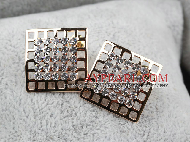 Fashion Style Hollow Square Shape Rhinestone Gold Plated Hypoallergenic Studs Earrings