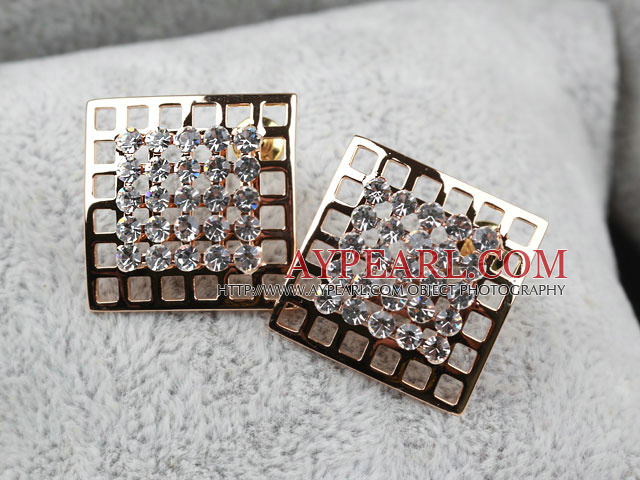 Fashion Style Hollow kvadratisk form STRASS Guldpläterade hypoallergent Studs Örhängen