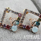 Fashion Style Rhombus Shape with Crown Rhinestone Gold Plated Hypoallergenic Studs Earrings