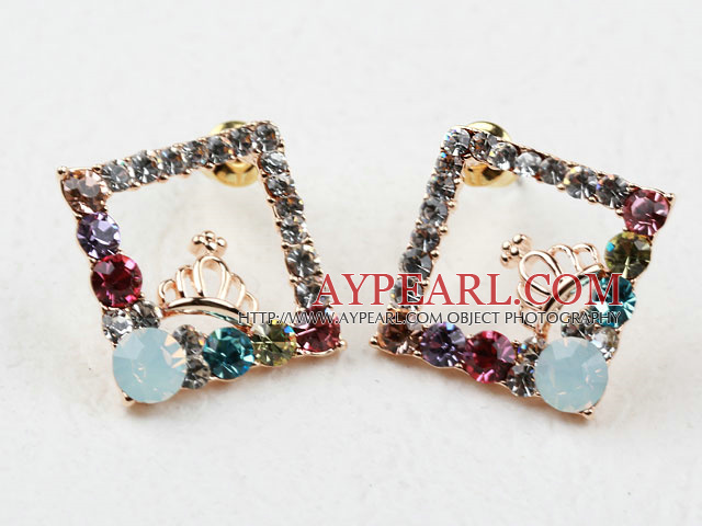 Forme Fashion Style Rhombus avec la Couronne strass Boucles d'oreilles plaqué or Goujons Hypoallergénique