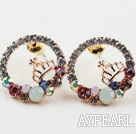 Fashion Style Ring Shape Rhinestone with Crown Gold Plated Hypoallergenic Studs Earrings