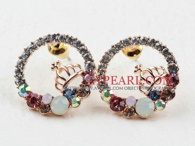 Fashion Style Ring Shape Rhinestone with Crown Gold Plated Hypoallergenic Studs Earrings