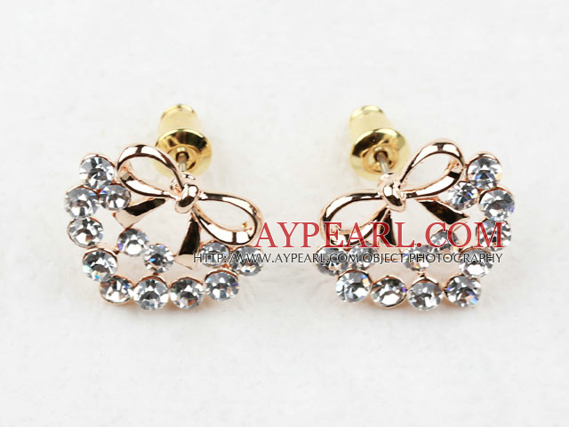 Fashion Style Bow Shape Rhinestone Gold Plated Hypoallergenic Studs Earrings