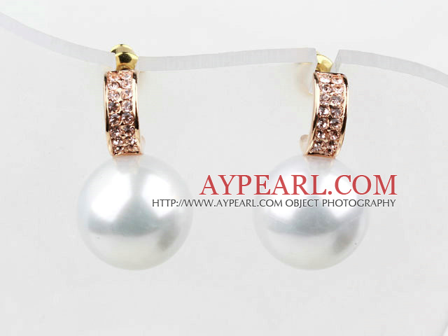 Fashion Style Immitation Round Pearl with Rhinestone Gold Plated Hypoallergenic Hoop Studs Earrings