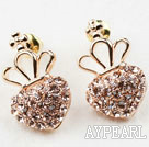 Fashion Style Heart Shape Rhinestone with Crown Gold Plated Hypoallergenic Studs Earrings