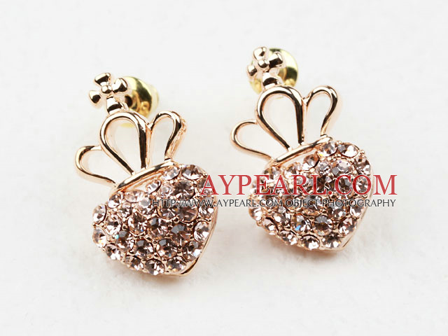 Fashion Style Heart Shape Rhinestone with Crown Gold Plated Hypoallergenic Studs Earrings