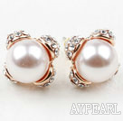 Fashion Style Immitation Round Pearl with Rhinestone Gold Plated Hypoallergenic Studs Earrings