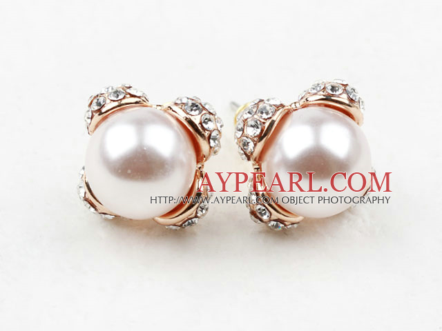 Fashion Style Immitation Round Pearl with Rhinestone Gold Plated Hypoallergenic Studs Earrings