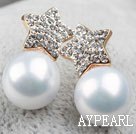 Fashion Style Immitation Round Pearl with Star Rhinestone Gold Plated Hypoallergenic Studs Earrings