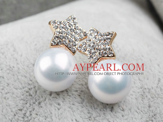 Fashion Style Immitation Round Pearl with Star Rhinestone Gold Plated Hypoallergenic Studs Earrings