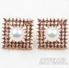 Fashion Style Square Shape Rhinestone and Immitation Round Pearl Gold Plated Hypoallergenic Studs Earrings