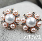 Fashion Style Immitation runda vita och rosa Pearl med STRASS Guldpläterade hypoallergent Flower Studs Örhängen